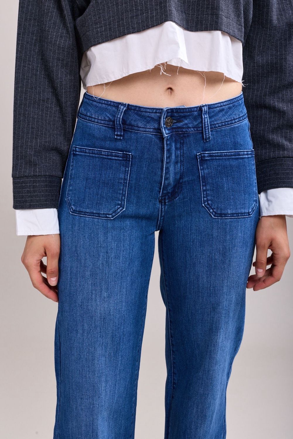 Toxik High Waisted Two Pocket Flare In Mid Wash Denim Blue