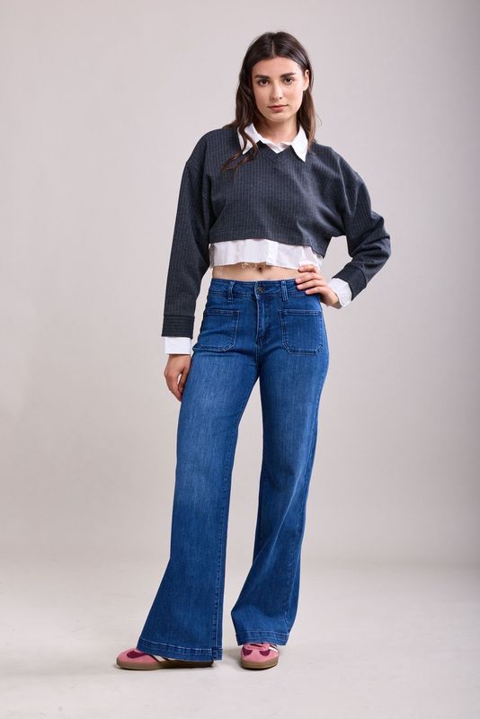 Toxik High Waisted Two Pocket Flare In Mid Wash Denim Blue