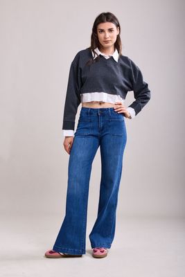 Toxik High Waisted Two Pocket Flare In Mid Wash Denim Blue