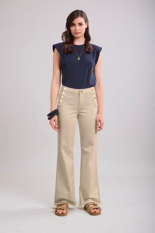 Toxik High Waist Button Flare In Beige