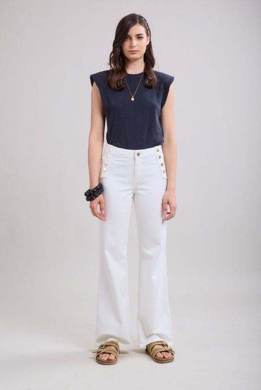 Toxik High Waist Button Flare In White