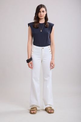 Toxik High Waist Button Flare In White