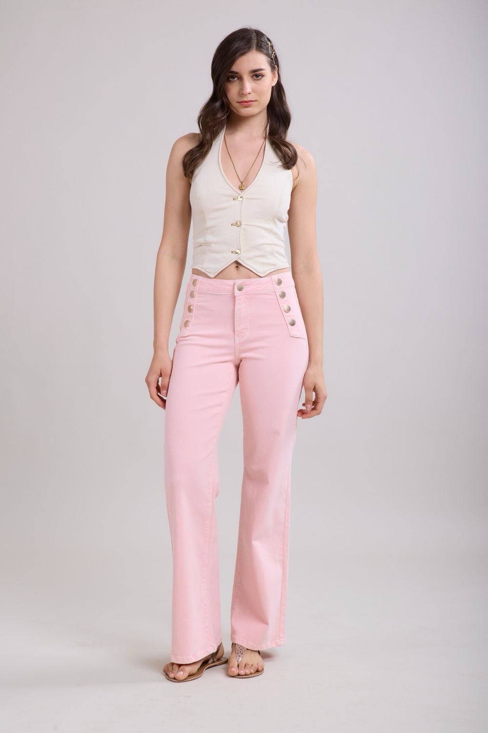 Toxik High Waist Button Flare In Pink