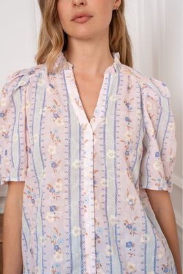 The Evie Ditsy Print Embroidered Blouse In Blue / Lilac