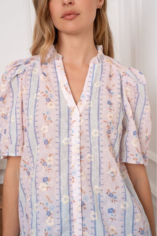 The Evie Ditsy Print Embroidered Blouse In Blue / Lilac