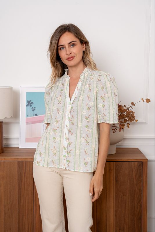The Evie Ditsy Print Embroidered Blouse In Green