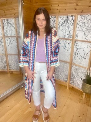 Red and Blue Patterned Crochet Cardigan