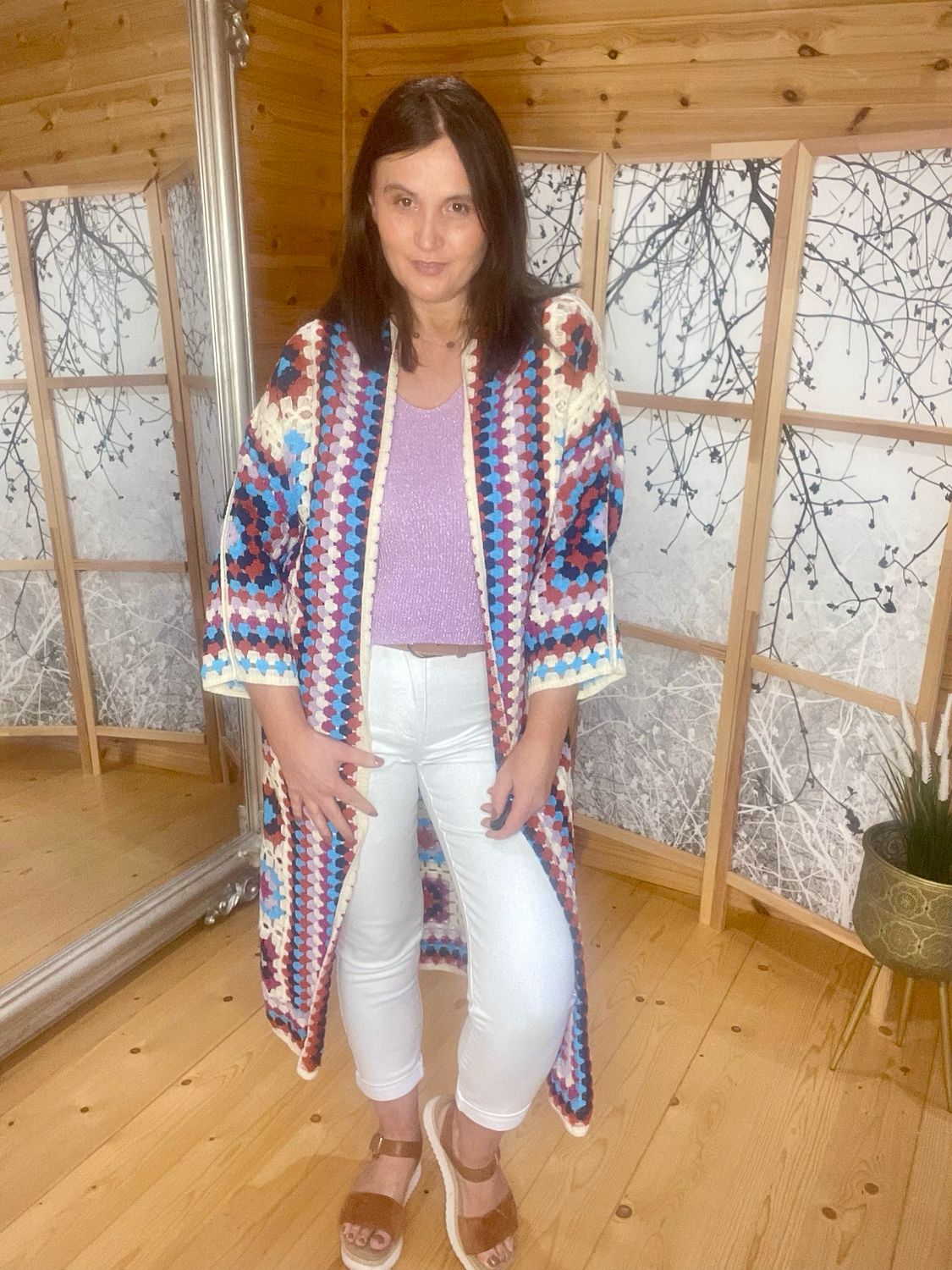 Red and Blue Patterned Crochet Cardigan