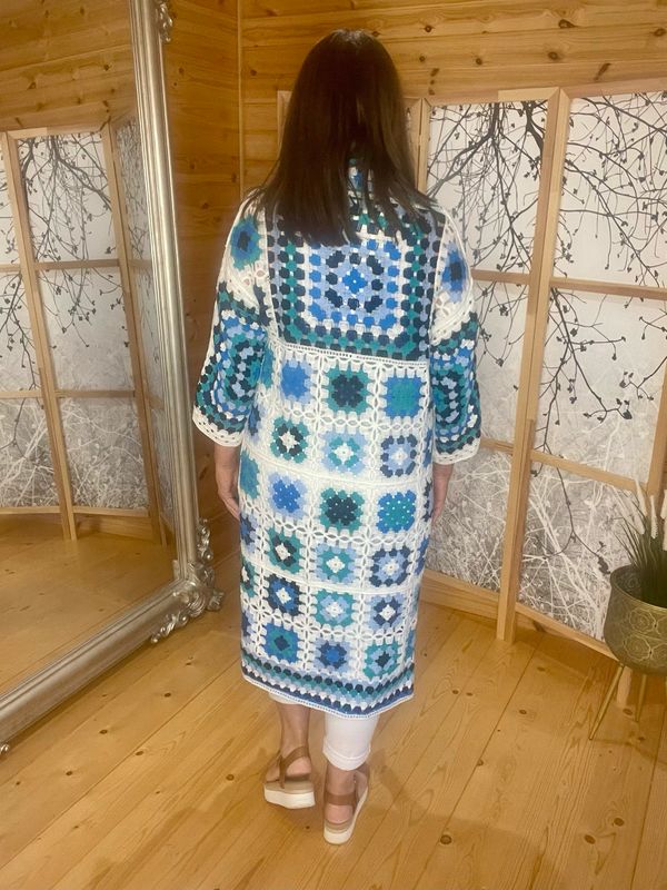 Blue and White Patterned Crochet Cardigan