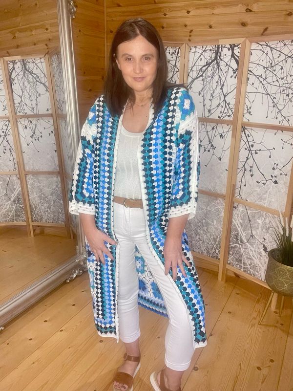 Blue and White Patterned Crochet Cardigan