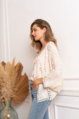 The Ava Crochet Cardigan In Beige