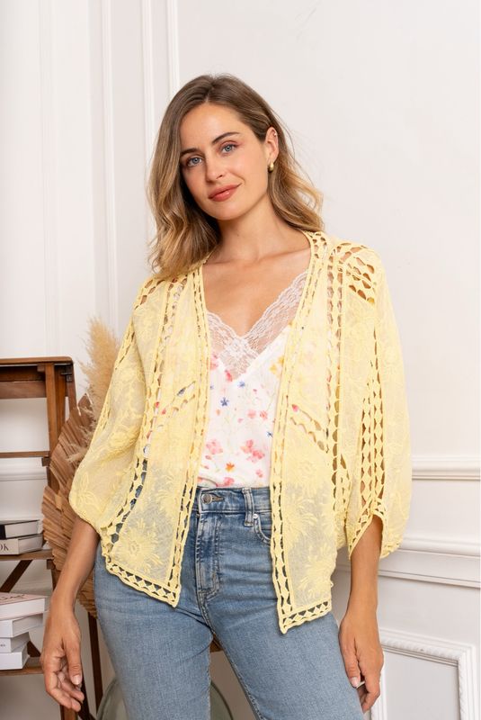 The Ava Crochet Cardigan In Lemon