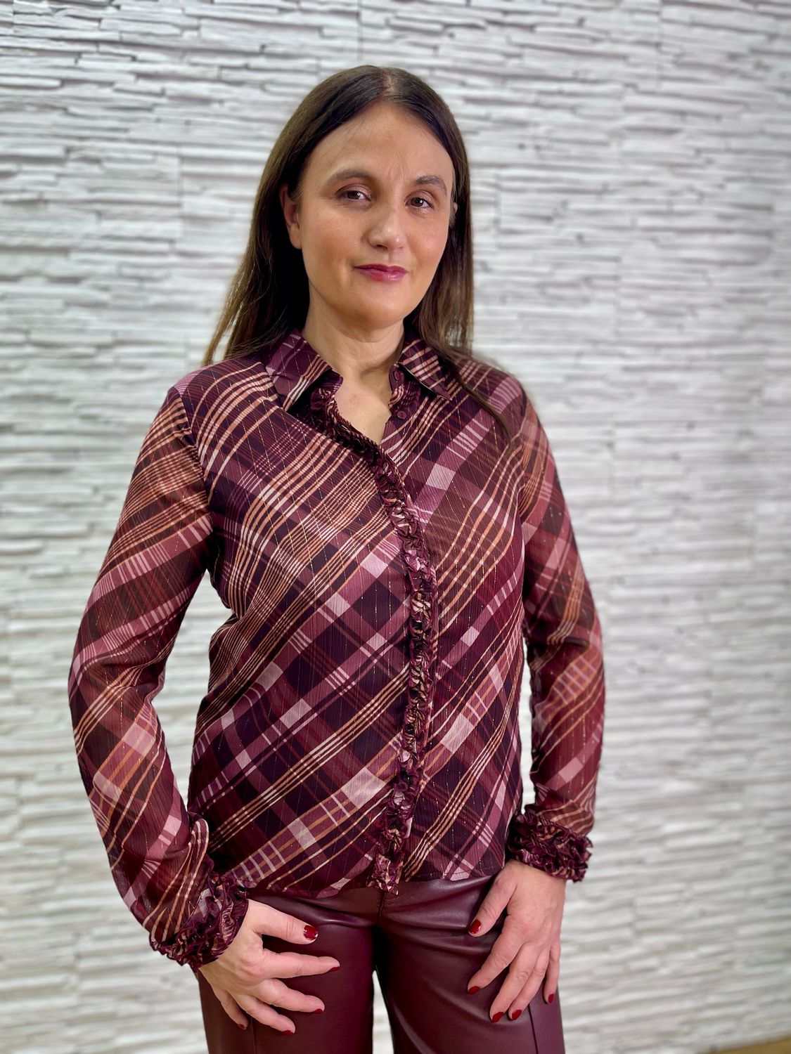 The Tara Tartan Check Lurex Blouse In Burgundy