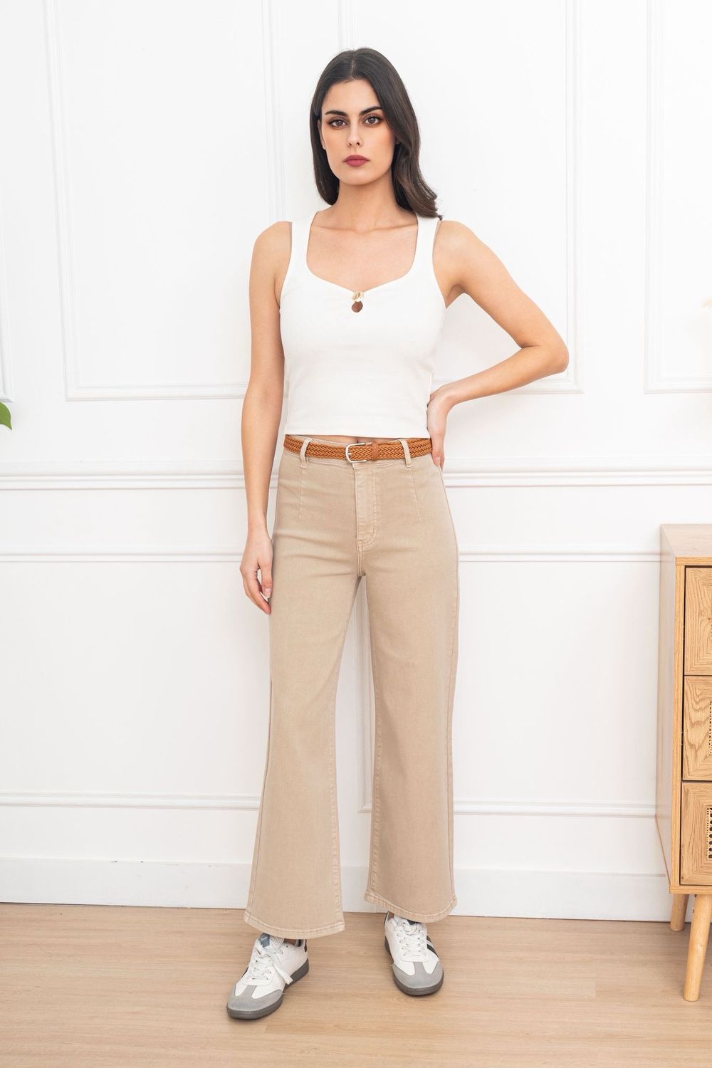 Rose Wide Leg  Crop Jeans In Beige