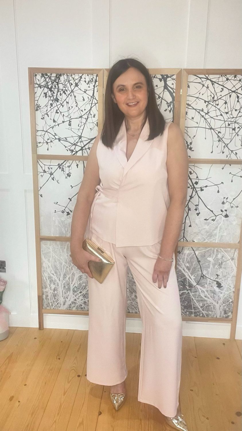 The Daphne Wrap Waistcoat Trouser Suit In Nude Pink