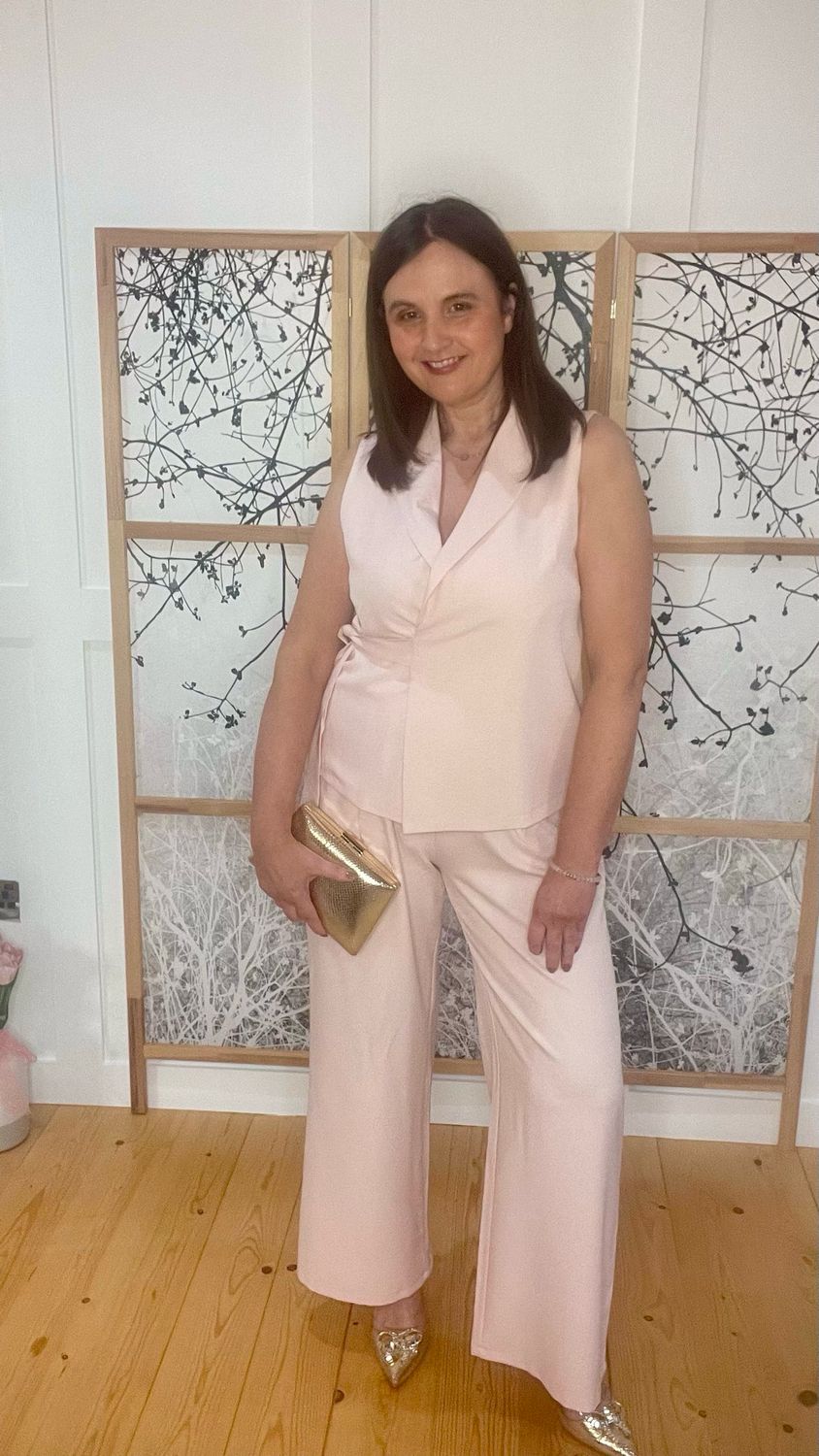 The Daphne Wrap Waistcoat Trouser Suit In Nude Pink