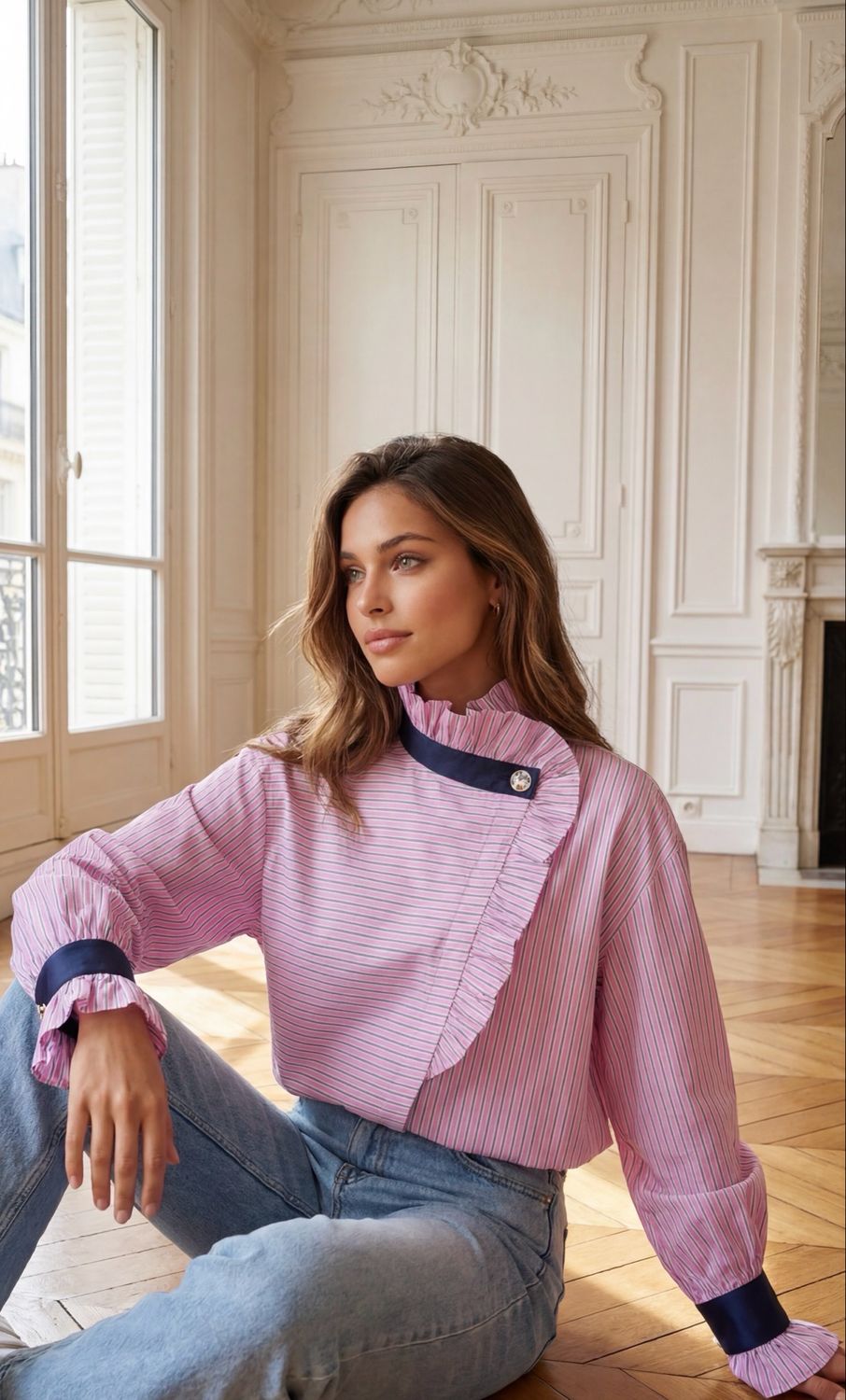 The Eloise Pinstripe Blouse In Candy Pink