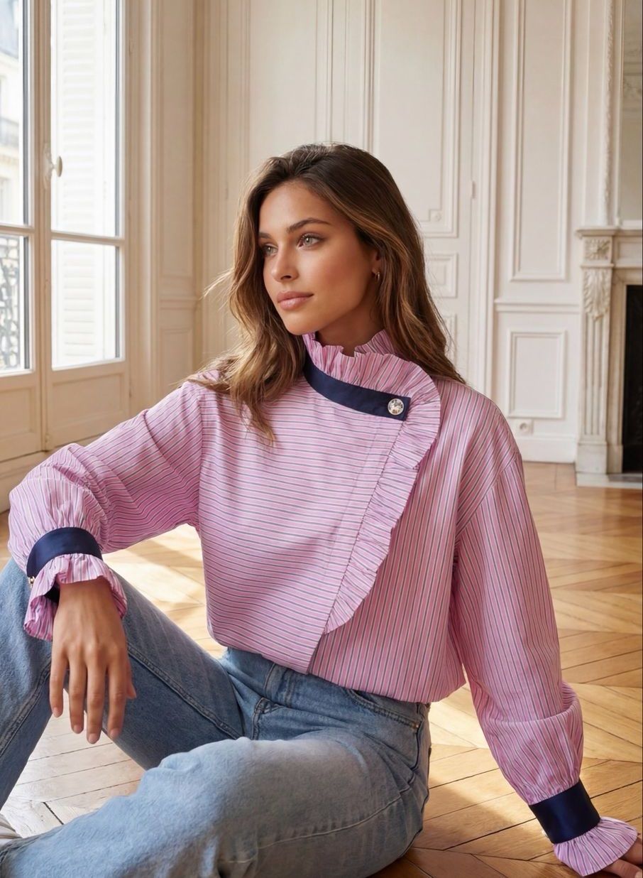 The Eloise Pinstripe Blouse In Candy Pink