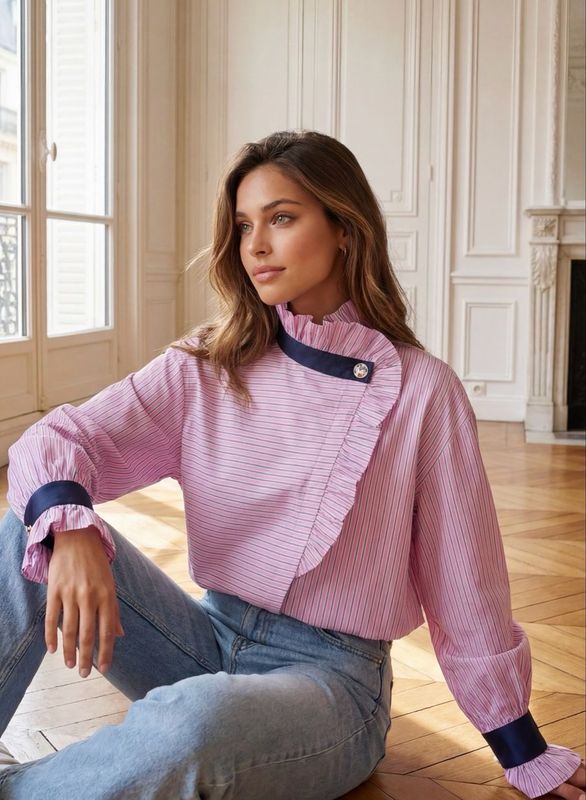 The Eloise Pinstripe Blouse In Candy Pink