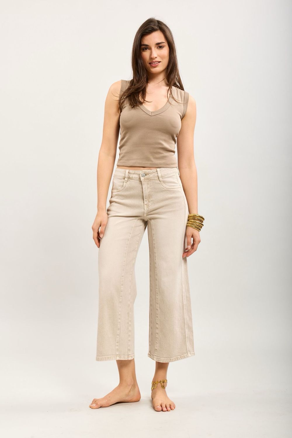 Toxik Wide Leg Crop Jeans in Beige