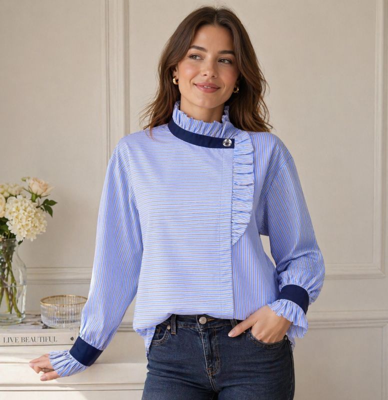 The Eloise Pinstripe Blouse In Sky Blue