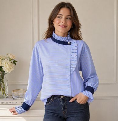 The Eloise Pinstripe Blouse In Sky Blue