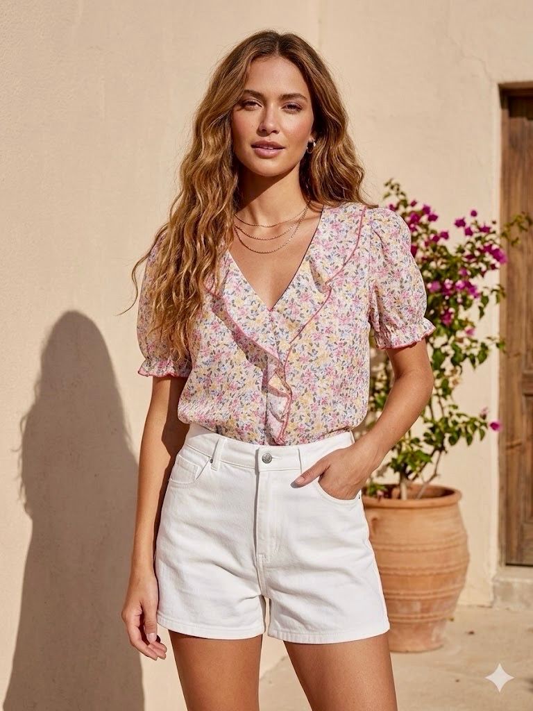 The Rebecca V Neck Ditsy Frill Blouse