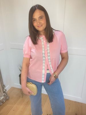 The Abbie White Daisy Embroidered Blouse In Bubble Gum Pink