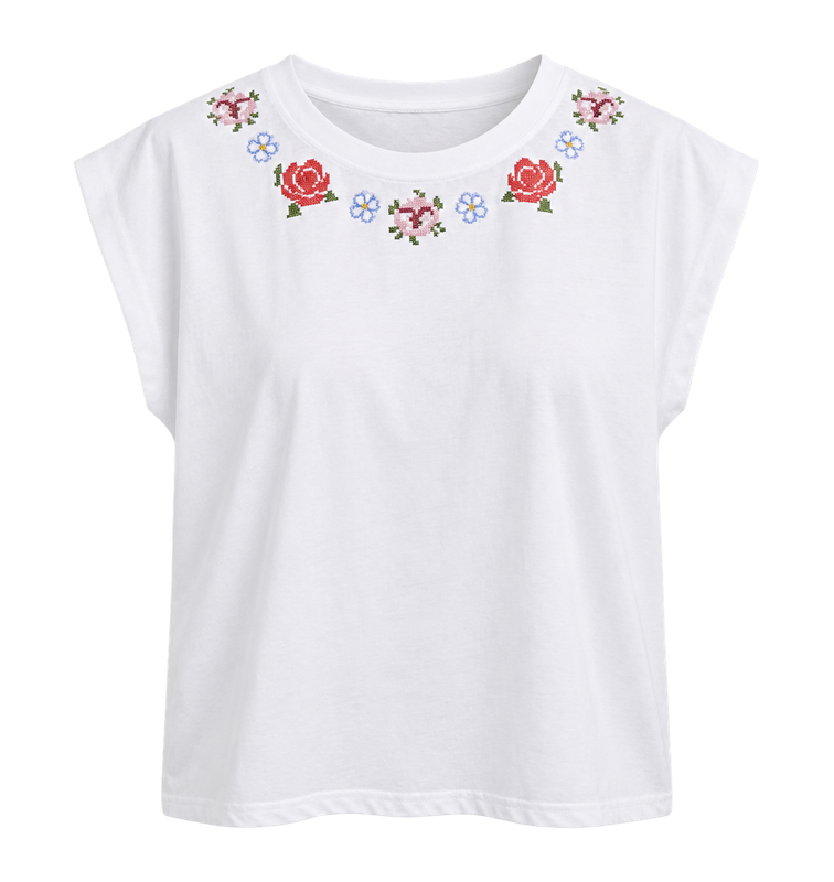 The Amelia White T Shirt With Floral Tapestry Detailing
