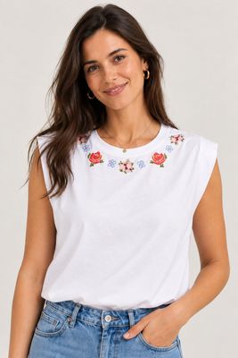 The Amelia White T Shirt With Floral Tapestry Detailing