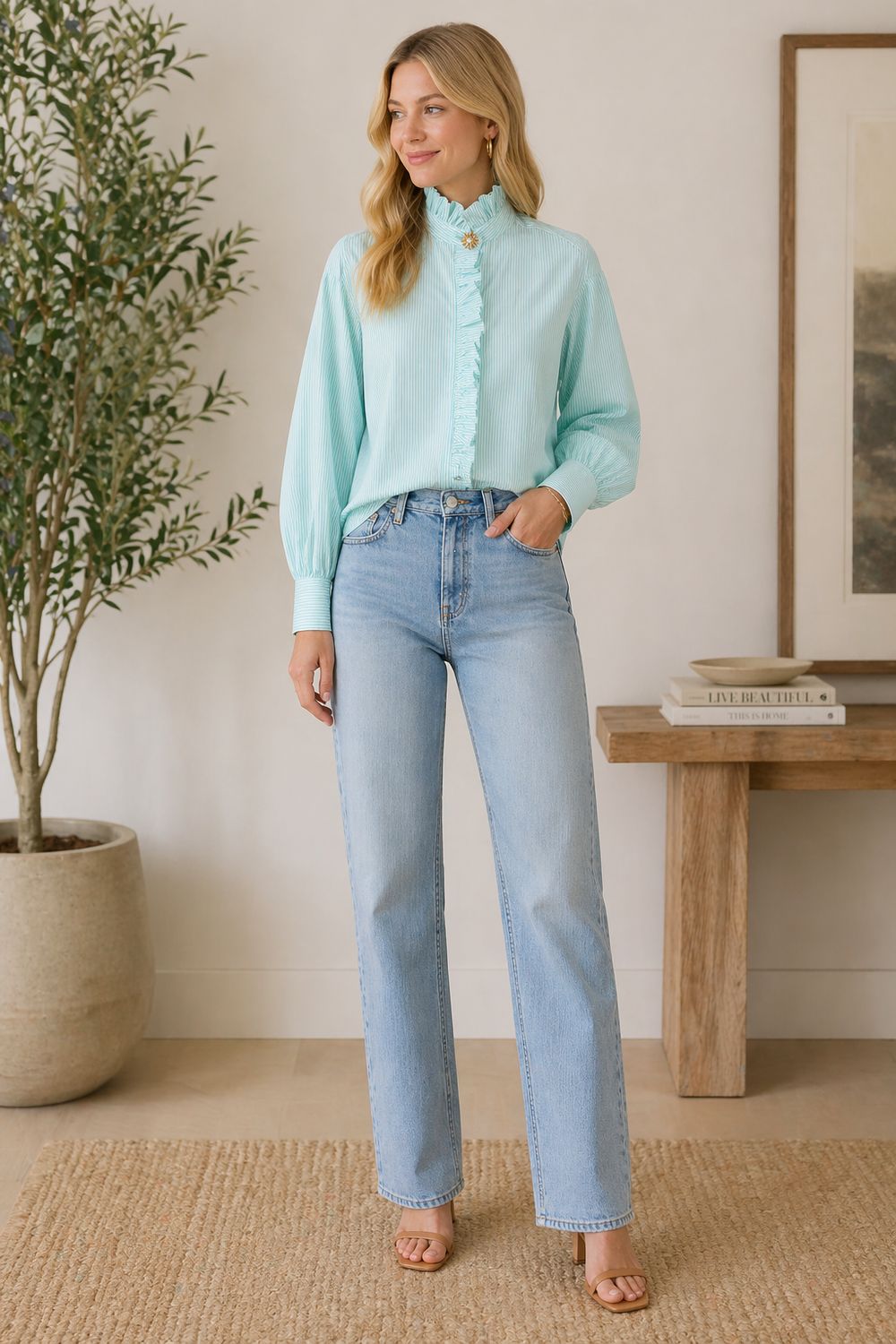 The Enya Pinstripe Blouse In Tiffany Blue