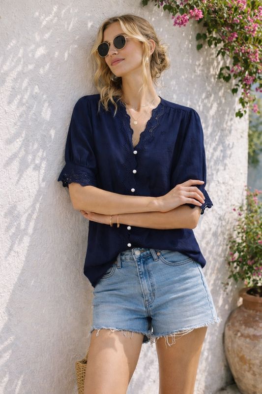 The Daisy V Neck Embroidered Blouse In Navy