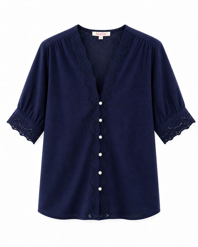 The Daisy V Neck Embroidered Blouse In Navy