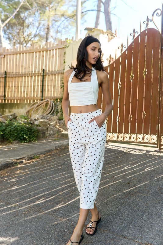 The Roll Up Polka Dot Chinos Trousers In Cream and Chocolate