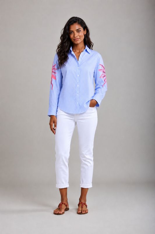 The Palm Tree Fine Shirt With Pink Embroidered Sleeve