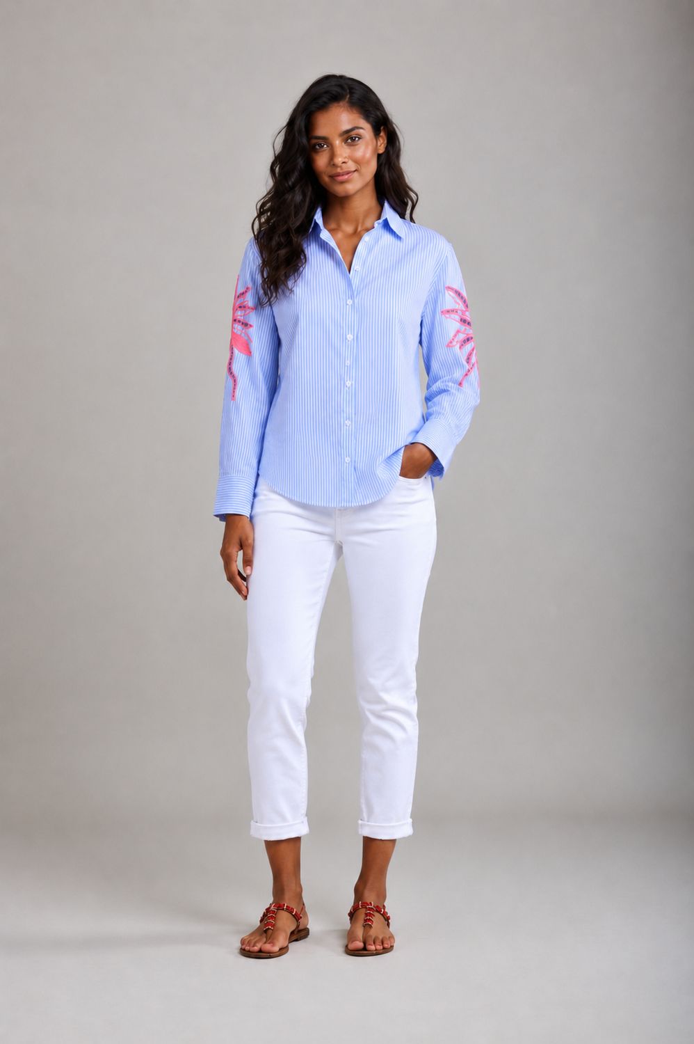 The Palm Tree Fine Shirt With Pink Embroidered Sleeve