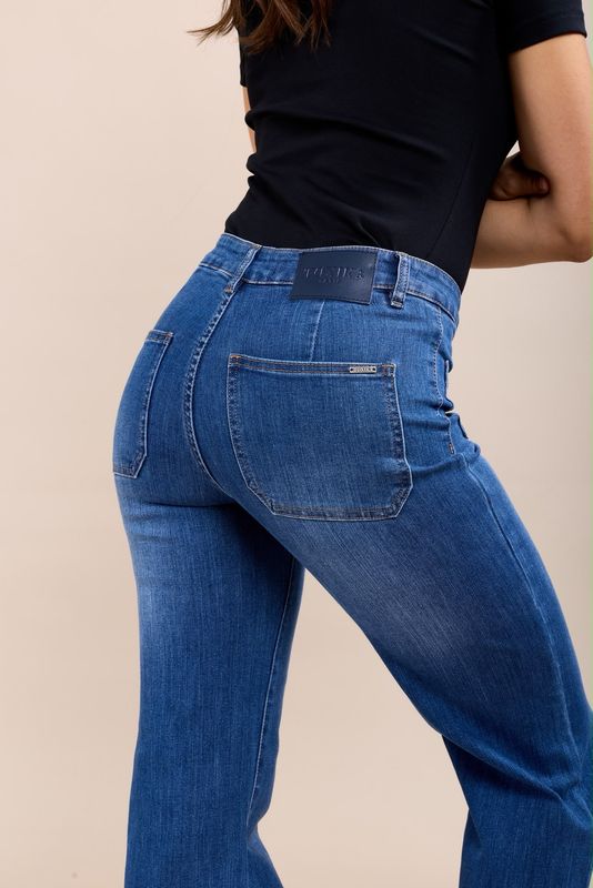 Toxik High Waisted Two Pocket Flare In Mid Wash