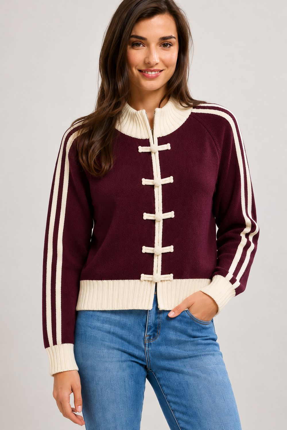 The Rachel Burgundy And Cream Cardigan