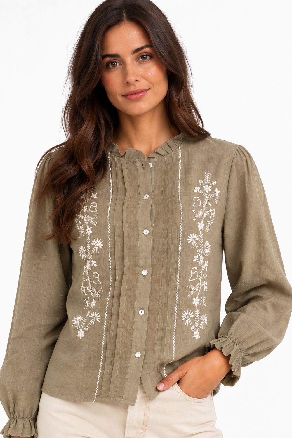 The Sheena Embroidered Blouse In Khaki