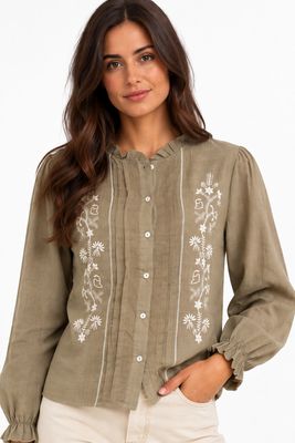 The Sheena Embroidered Blouse In Khaki