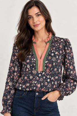 The Stevie Navy Floral Contrast Blouse