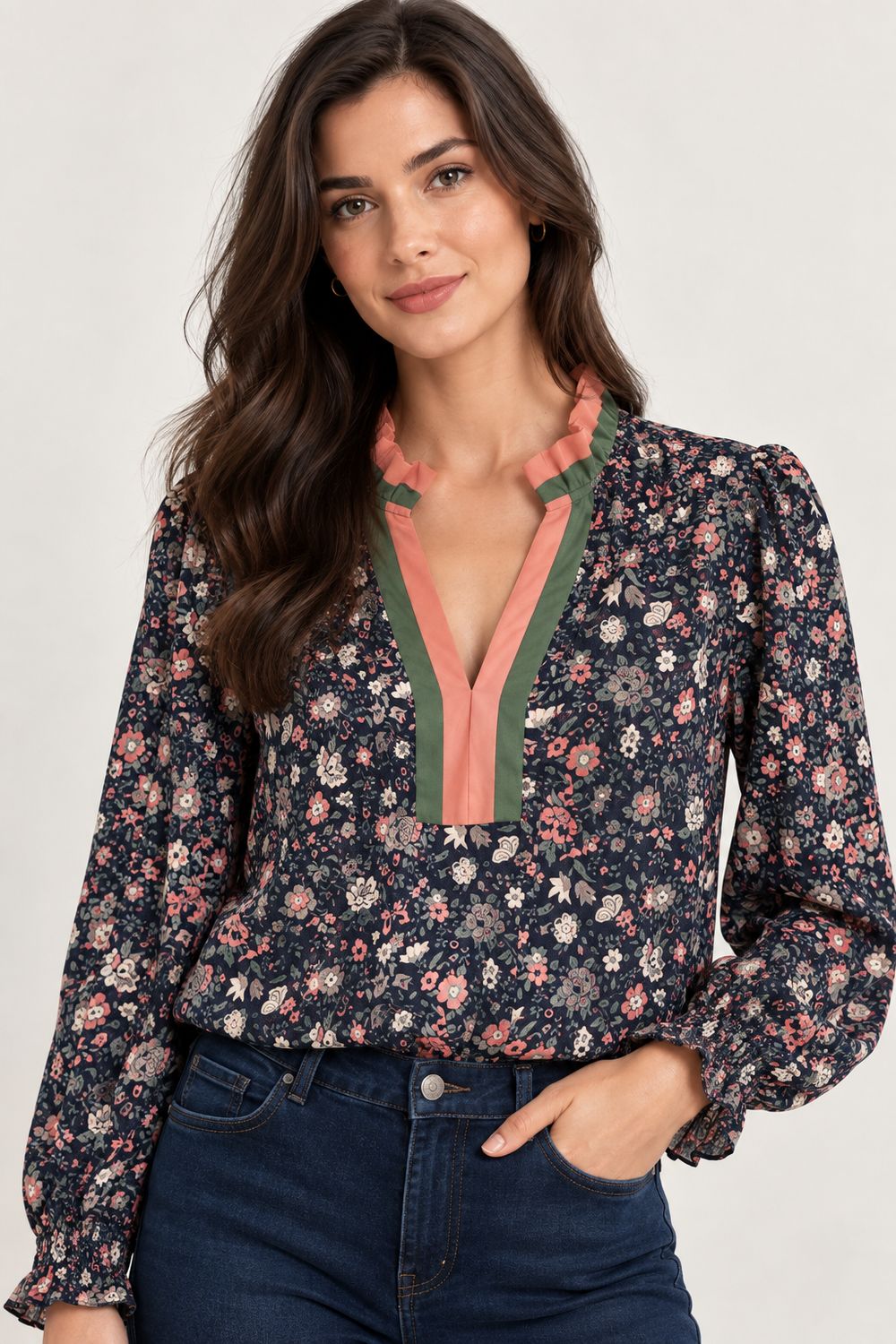 The Stevie Navy Floral Contrast Blouse