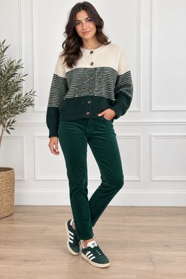 The Erin Stripe Cardigan In Bottle Green