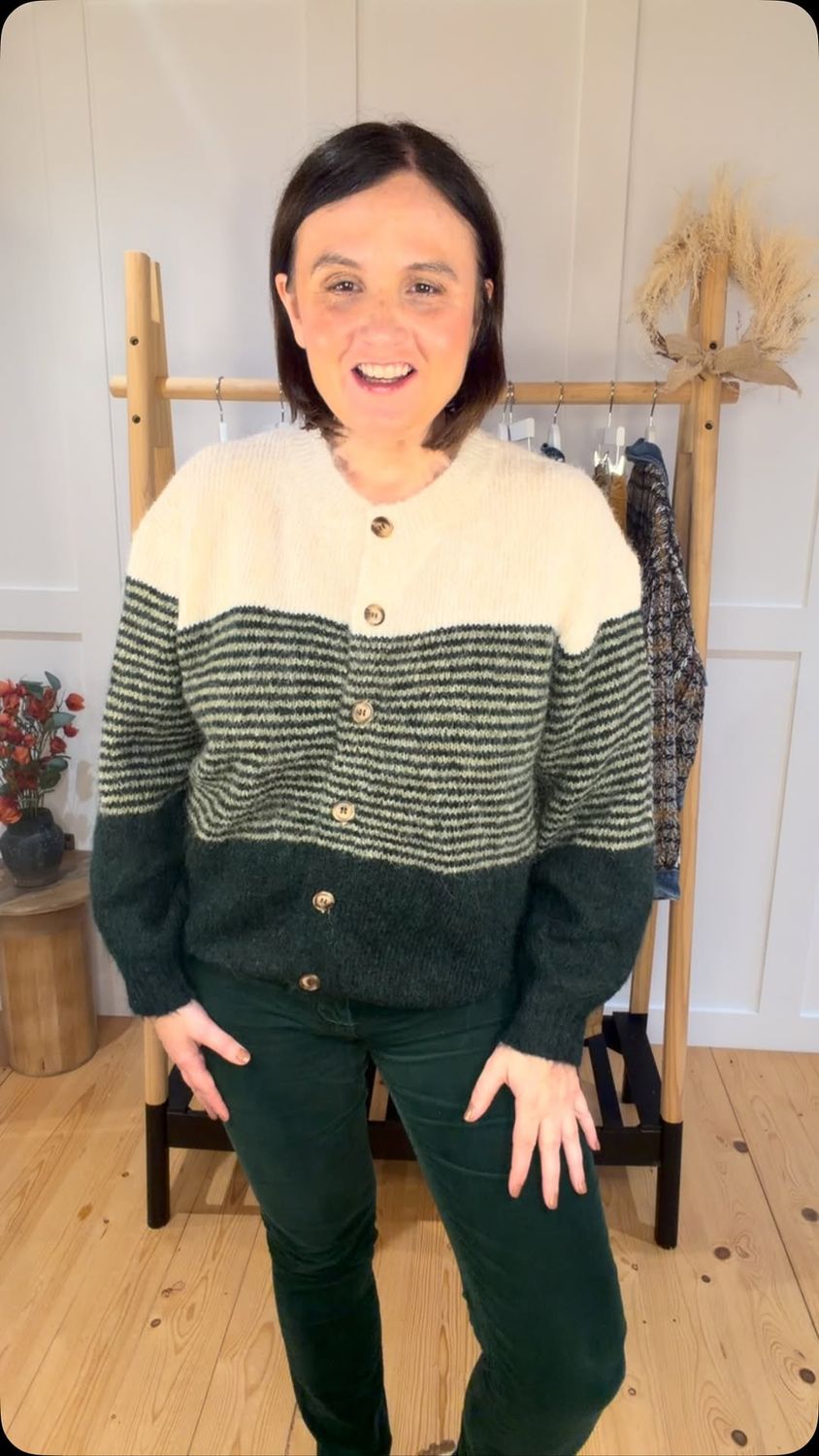The Erin Stripe Cardigan In Bottle Green