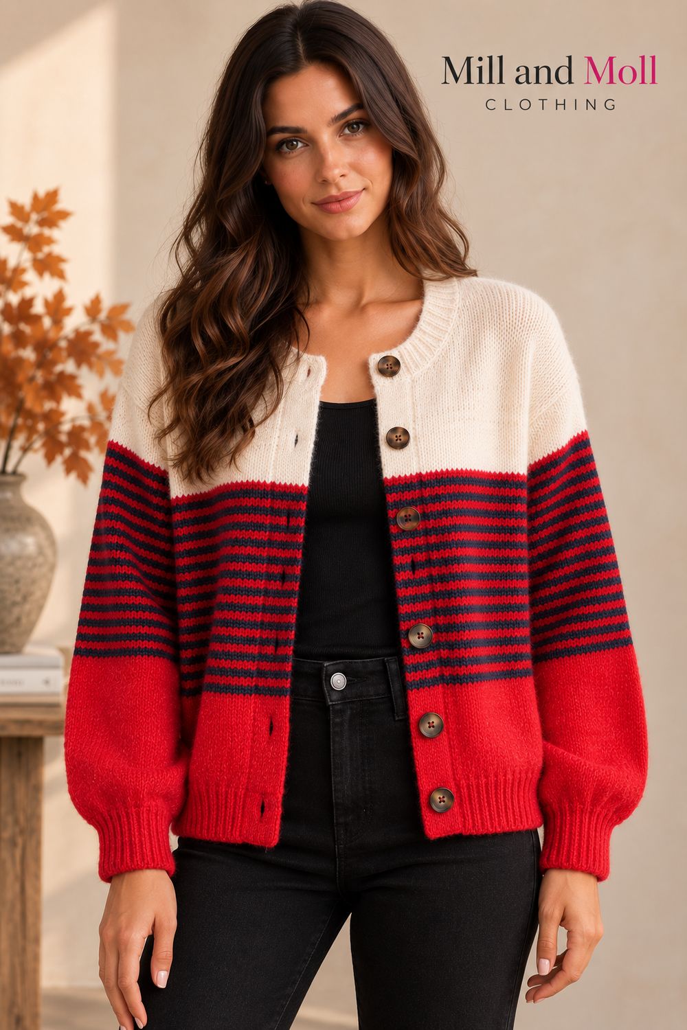 The Erin Stripe Knit Cardigan In Red