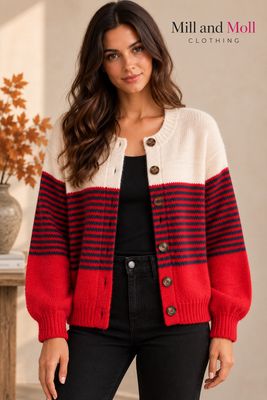 The Erin Stripe Knit Cardigan In Red