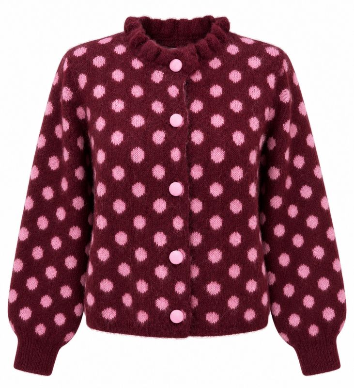The Minnie Polka Dot Soft Knit Cardigan In Burgundy