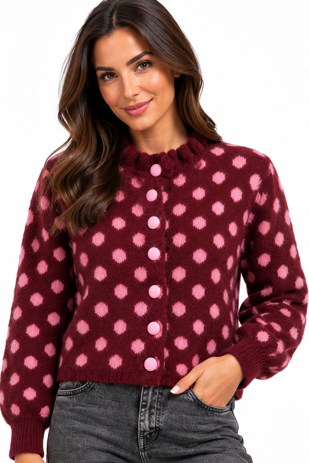 The Minnie Polka Dot Soft Knit Cardigan In Burgundy
