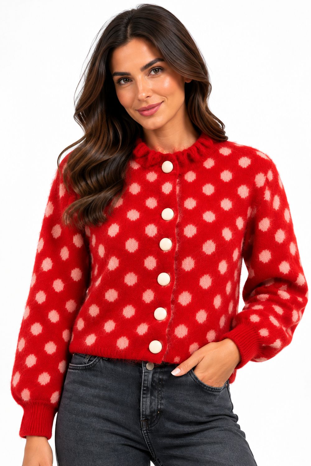 The Minnie Polka Dot Soft Knit Cardigan In Red