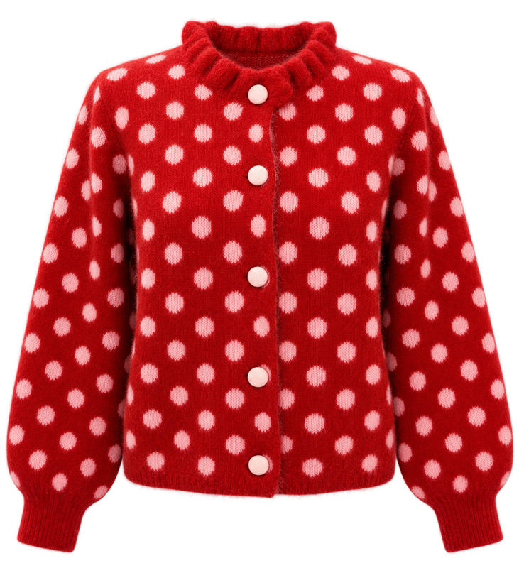 The Minnie Polka Dot Soft Knit Cardigan In Red